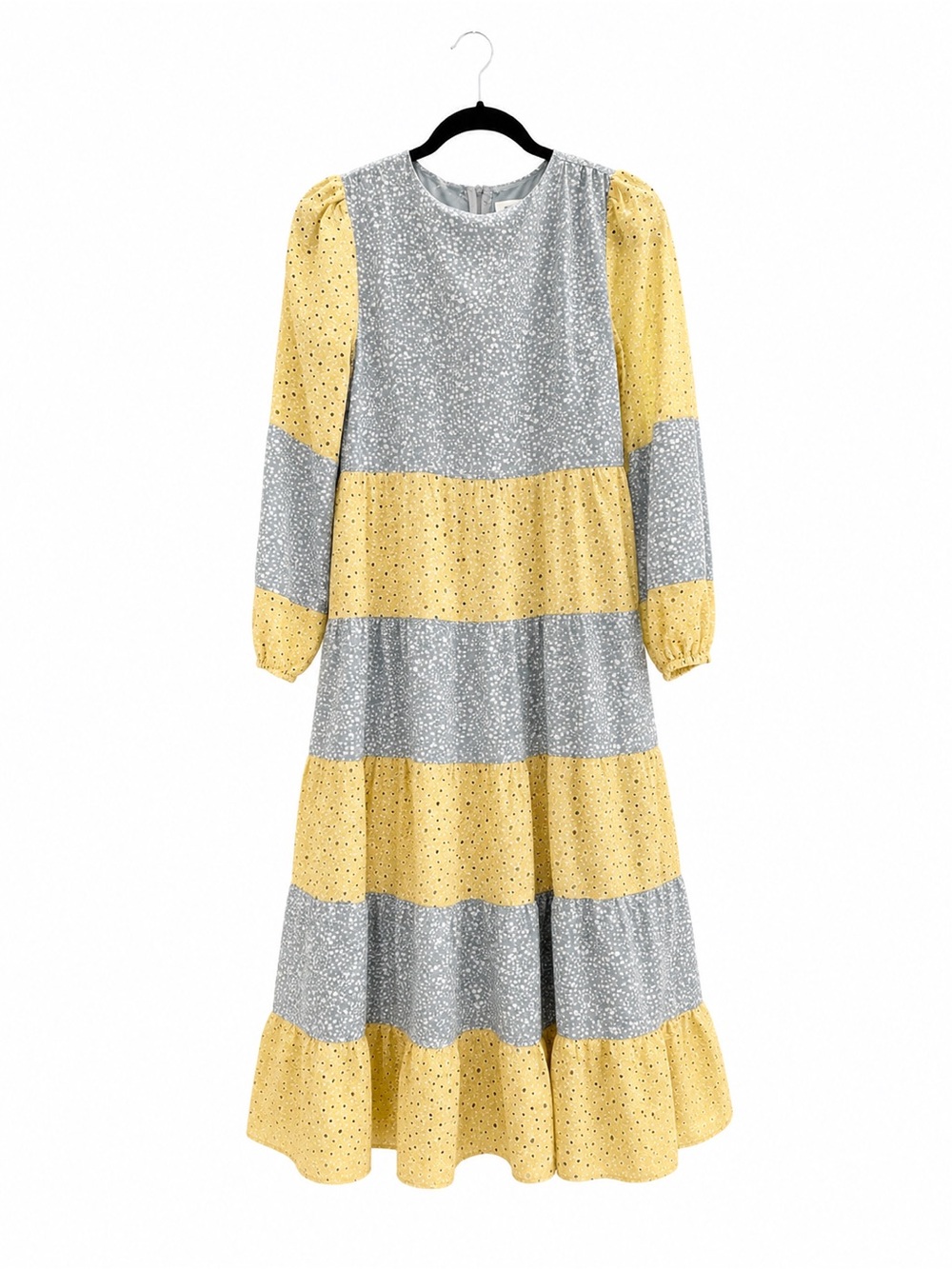Yellow and Gray Striped Midi Dress with Eyelet Detail